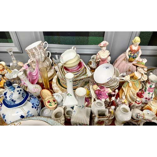 297 - Tray to include lady figurines, ginger jar, decorative plates, small glass vases, etc