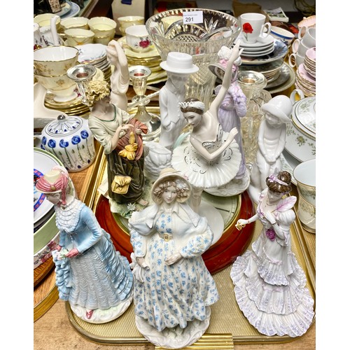 291 - Royal Worcester lady figures, Coalport lady figures, silver plated candle holder, etc