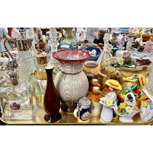 282 - Tray to include crystal decanters, Rouge Royale vase, Royal Doulton posy flowers, etc