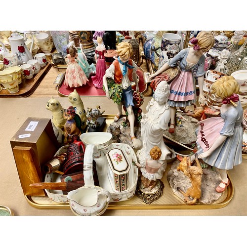 280 - Capodimonte-style figures, Capodimonte-style lamp, small Wedgwood mantel clock, cat figures, etc