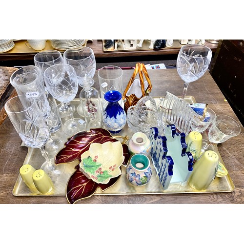 259 - Tray to include Carlton Ware Rouge Royale, crystal glasses, Beswick salt and pepper shakers, etc