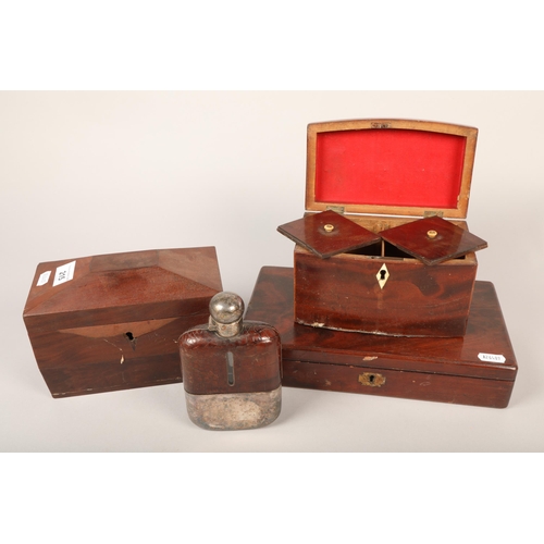 215 - Two 19th-century tea caddies, a similar box and hip flask