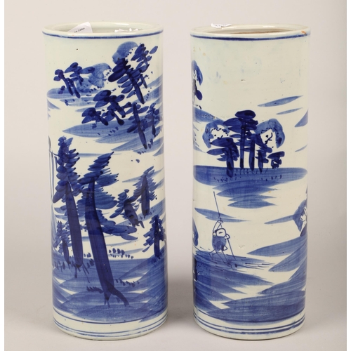 232 - Pair of Oriental blue and white cylinder vases, 32cm height