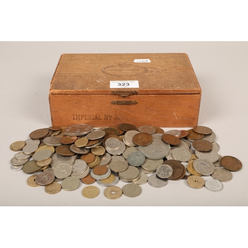 323 - Assortment of coins in wooden box