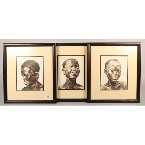 394 - J.P Ludu, 'African Tribesman',  Three watercolours on paper, 22 x 27 cm (44 x 50 cm including f... 