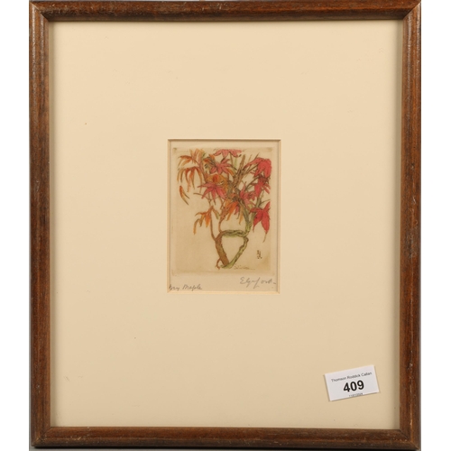 409 - Elyse Lord, ' My Maple' coloured etching, 12 x 9 cm ( 30 x 35 cm including frame)