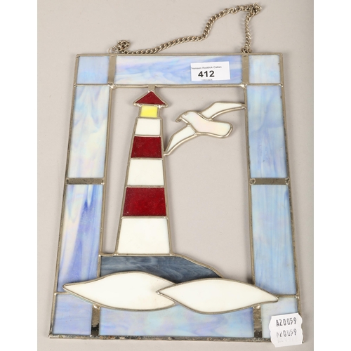 412 - Stained glass picture of lighthouse, 21 x 28cm