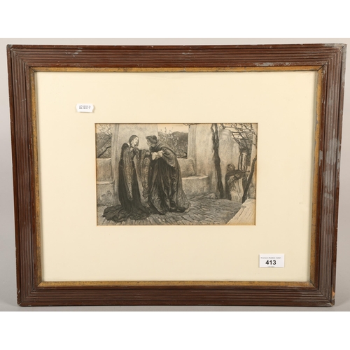 413 - Pre Raphaelite etching, E A Abbey 1899, 16 x 25 cm (50 x 41 cm including frame)