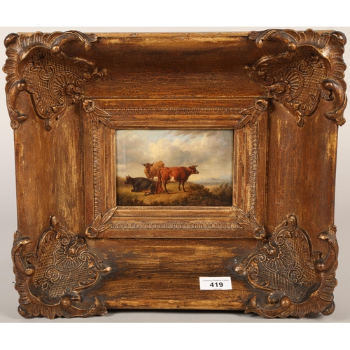 419 - C T R, 'Three cows in field' oil on board, Initialed CTR 1812, 15 x 10 cm ( 37 x 33 cm including gil... 