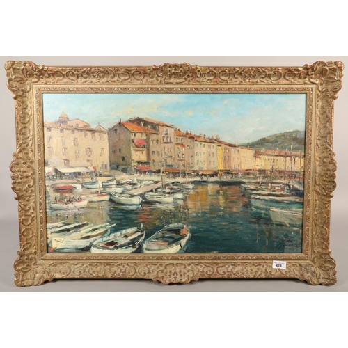 428 - Phylis Morgan 'Waterfront St Tropez' oil on board, 71 x 45 cm (88 x 59 cm including frame )