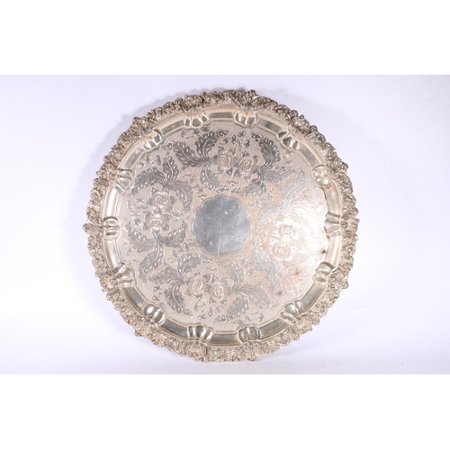 100 - Large silver plated copper salver or circular tray, the top with etched floral design and relief flo... 