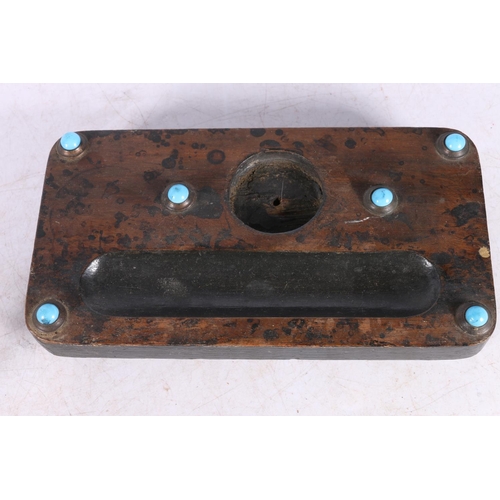 108 - Antique wooden deskstand inset with six turquoise cabochons, 19cm long, and a small easel frame set ... 