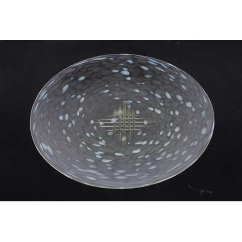 110 - Two Art Glass shallow dishes, one with mottled blue dab effect, 28cm diameter.