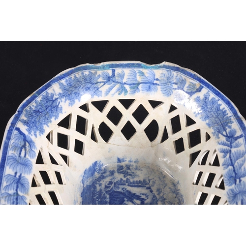 112 - Davenport blue and white pottery basket with reticulated lattice work band, decorated with transfer ... 