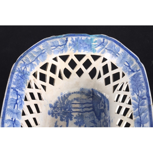 112 - Davenport blue and white pottery basket with reticulated lattice work band, decorated with transfer ... 