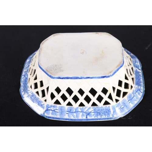 112 - Davenport blue and white pottery basket with reticulated lattice work band, decorated with transfer ... 