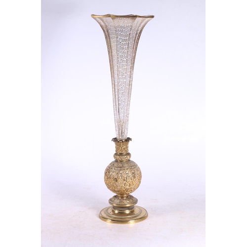 114 - Continental glass and brass specimen vase, having tapering octagonal glass bowl decorated with gilt ... 