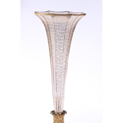 114 - Continental glass and brass specimen vase, having tapering octagonal glass bowl decorated with gilt ... 