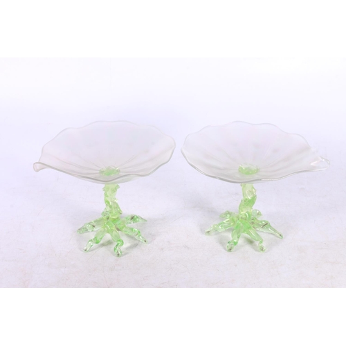 116 - Pair of Czechoslovakian lustre glass pedestal bowls of lily pad form, raised on naturalistic bases, ... 