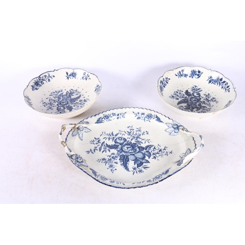 121 - Pair of crescent Worcester blue and white porcelain draining bowls, 19cm diameter.