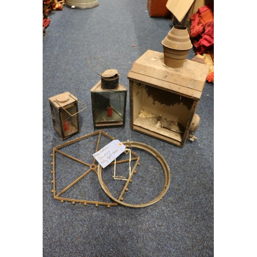 309 - Antique wall lantern, triangular lantern and a Excelsior patent carriage lantern, etc.