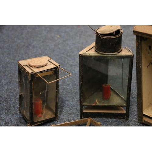 309 - Antique wall lantern, triangular lantern and a Excelsior patent carriage lantern, etc.