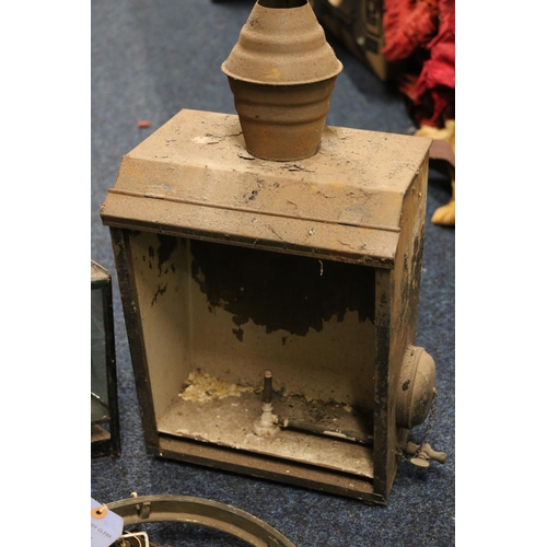 309 - Antique wall lantern, triangular lantern and a Excelsior patent carriage lantern, etc.