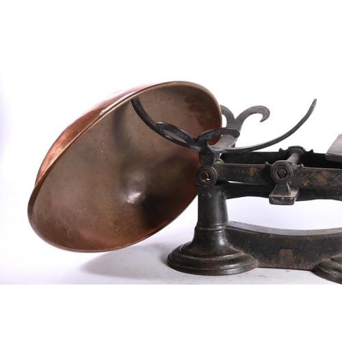 33 - Cast iron balance scales with copper bowl and weights by Crane of Wolverhampton, A K & Sons and ... 