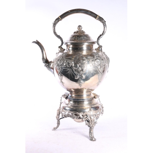 53 - Silver plated spirit kettle on stand with burner, of large proportions decorated with strawberries a... 