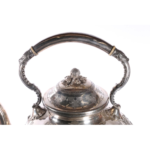 53 - Silver plated spirit kettle on stand with burner, of large proportions decorated with strawberries a... 