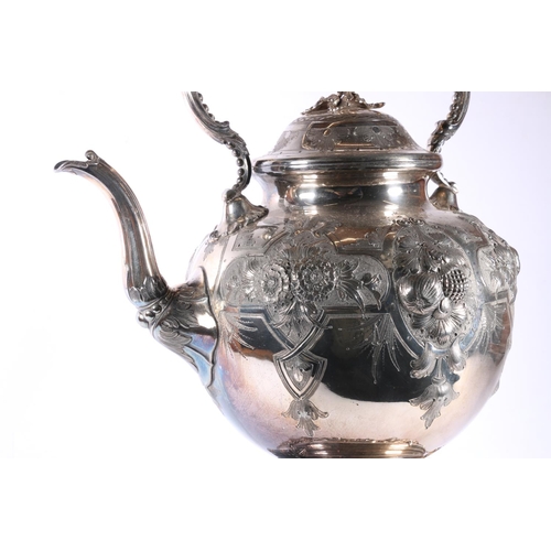 53 - Silver plated spirit kettle on stand with burner, of large proportions decorated with strawberries a... 