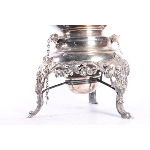 53 - Silver plated spirit kettle on stand with burner, of large proportions decorated with strawberries a... 