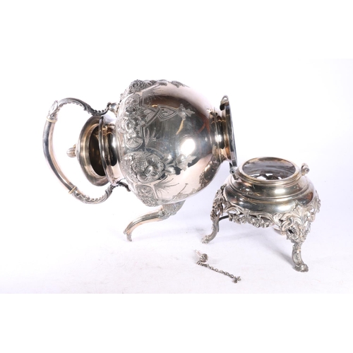 53 - Silver plated spirit kettle on stand with burner, of large proportions decorated with strawberries a... 