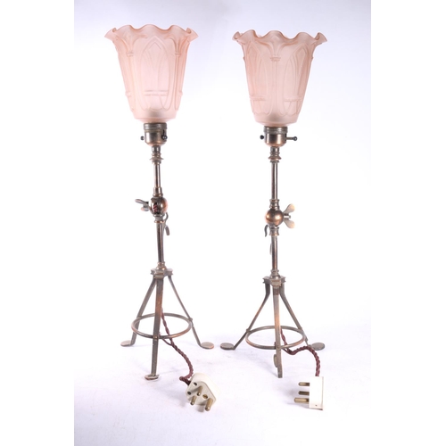 68 - Pair of Benson style gimble table lights with Art Deco style frosted pink moulded glass shades, 49cm... 