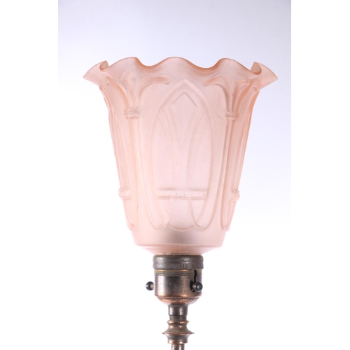 68 - Pair of Benson style gimble table lights with Art Deco style frosted pink moulded glass shades, 49cm... 