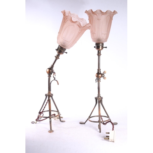 68 - Pair of Benson style gimble table lights with Art Deco style frosted pink moulded glass shades, 49cm... 