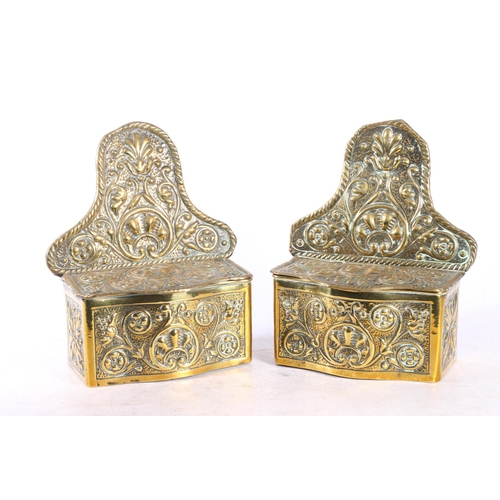 70 - Pair of Dutch style repousse brass wall sconce candle boxes, 17cm tall.