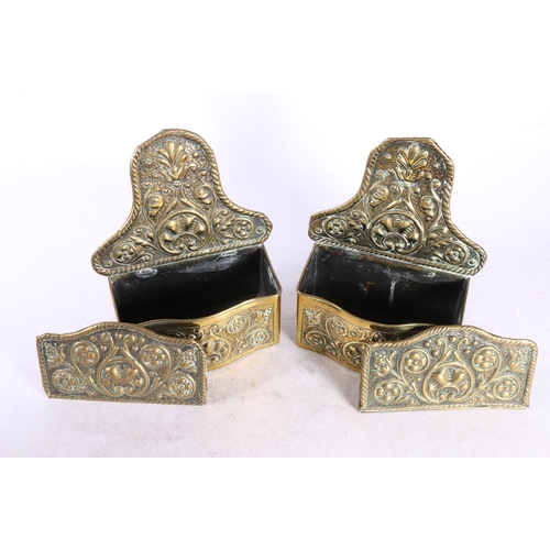 70 - Pair of Dutch style repousse brass wall sconce candle boxes, 17cm tall.