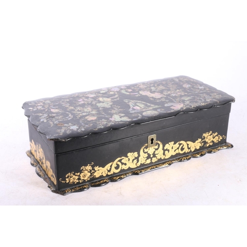 76 - Abalone inlaid and gilded lacquered hinge top glove box of rectangular form with lobed border, 26cm ... 