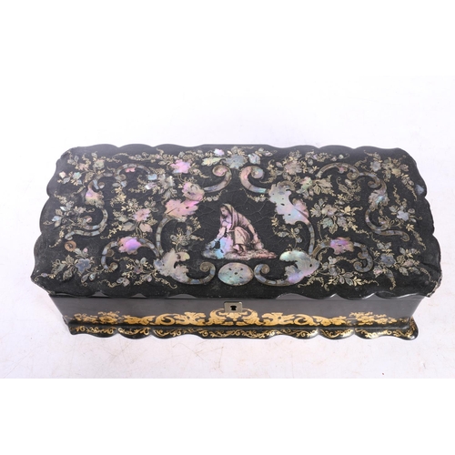 76 - Abalone inlaid and gilded lacquered hinge top glove box of rectangular form with lobed border, 26cm ... 