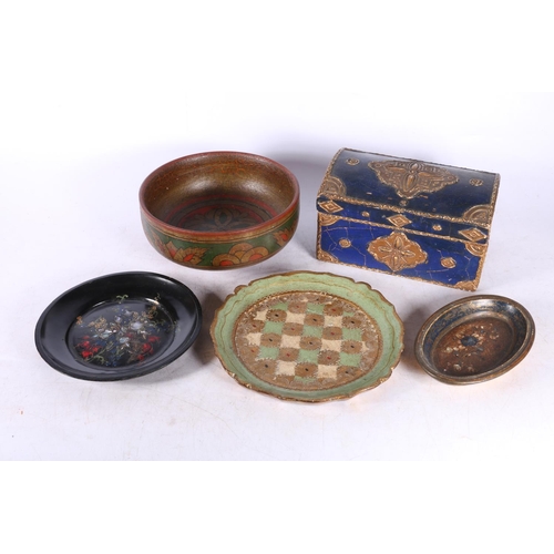 83 - Jennings and Bettridge lacquered circular tray, painted treen bowl, two trays and a hinge topped cas... 