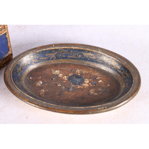 83 - Jennings and Bettridge lacquered circular tray, painted treen bowl, two trays and a hinge topped cas... 