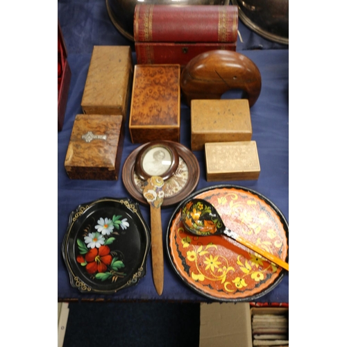 86 - Group of treen items to include Russian lacquered items, a gilded leather dome top box, South Africa... 