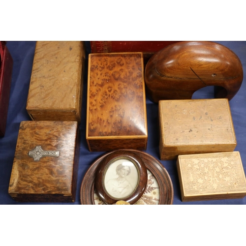 86 - Group of treen items to include Russian lacquered items, a gilded leather dome top box, South Africa... 