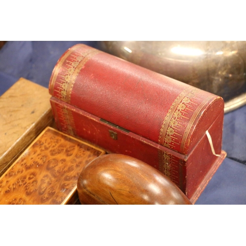 86 - Group of treen items to include Russian lacquered items, a gilded leather dome top box, South Africa... 