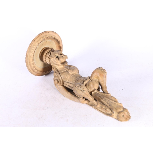 90 - Eastern carved wood wall sconce modelled with anthropomorphic creature support, 33cm tall.