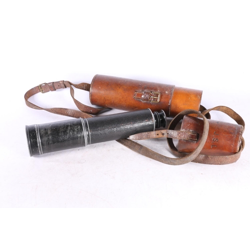 94 - Dallmeyer of London three draw telescope in brown leather carrying case, 76cm long when fully extend... 