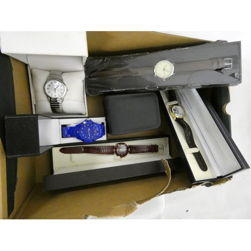 385 - Box of modern box watches including Accurist, Rojas etc.