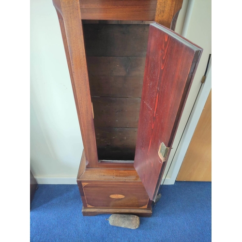 393 - Eight day longcase clock with painted arch dial with sprays of flowers in mahogany case with Sherato... 