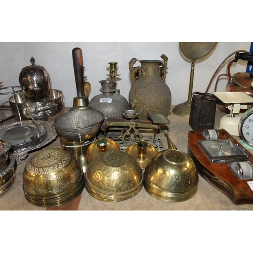 170 - Brass ware to include postal scales, five Islamic dishes, and others, candlesticks, two Indian vesse... 